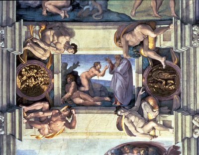 Sistine Chapel Ceiling: Creation of Eve, with four Ignudi (post restoration) by Michelangelo Buonarroti